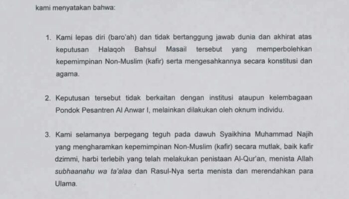 Pernyataan Resmi PP. Al- Anwar Terkait Hasil Halaqoh Bahsul Masail Pimpinan Pusat GP. Ansor